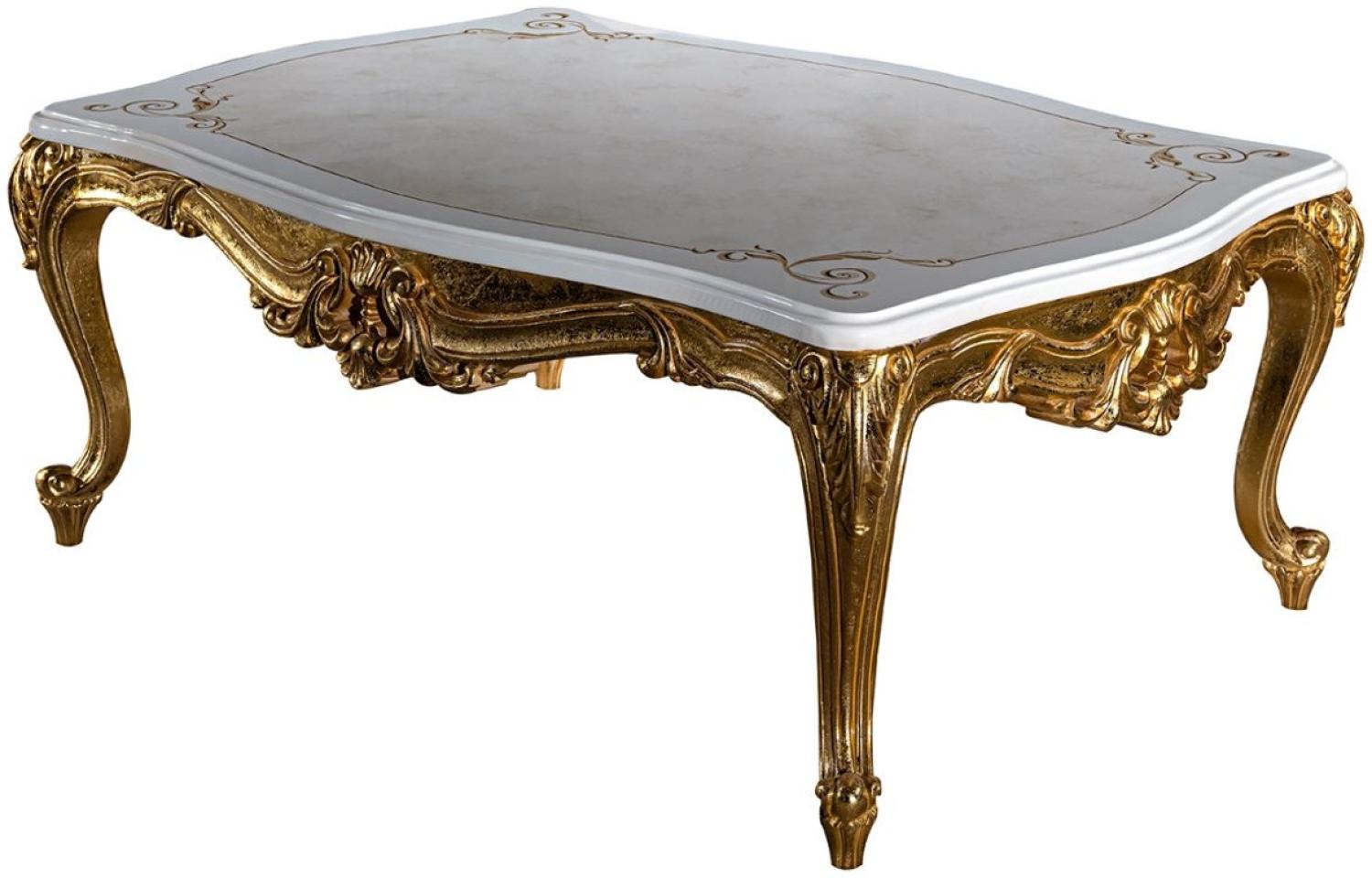 Casa Padrino Luxus Barock Couchtisch Weiß / Beige / Gold 120 x 85 x H. 49 cm - Edler Massivholz Wohnzimmertisch im Barockstil - Prunkvolle Barock Möbel Bild 1