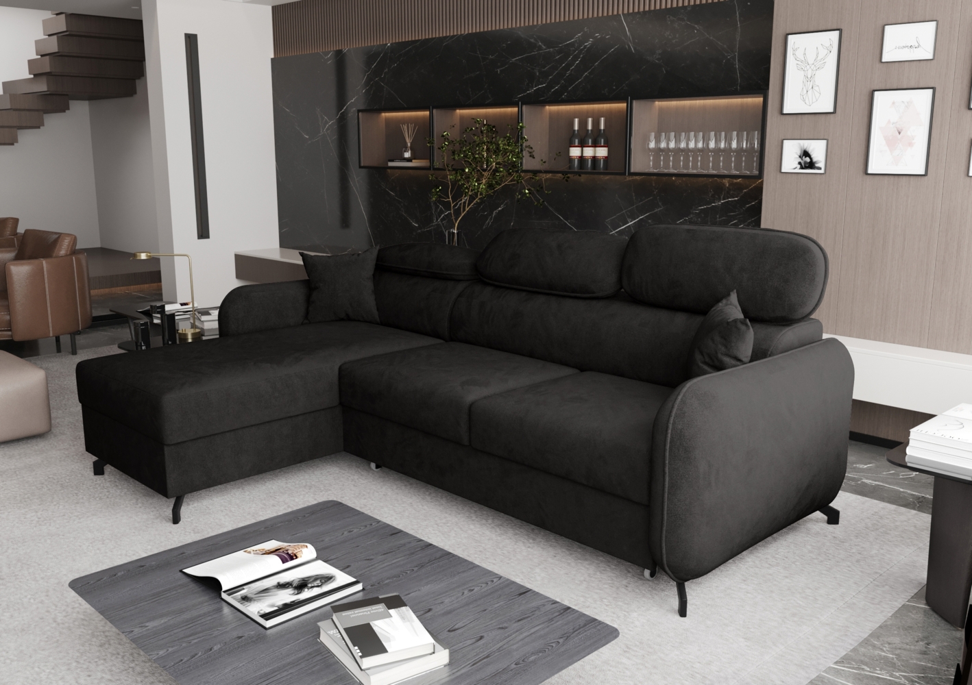 AX LIVING Ecksofa mit Schlaffunktion Ribella 5 L-Form 265cm, Samt in Grafit Links Bild 1