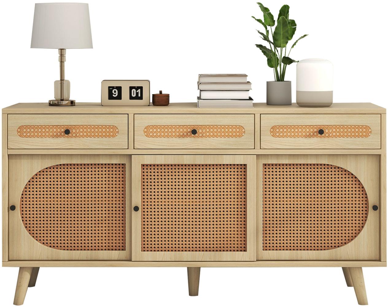 Merax Sideboard Landhausstil mit Schublade und 6 Fächer, Kommode mit Rattangeflecht, Anrichte, TV-Board, B:140cm Bild 1