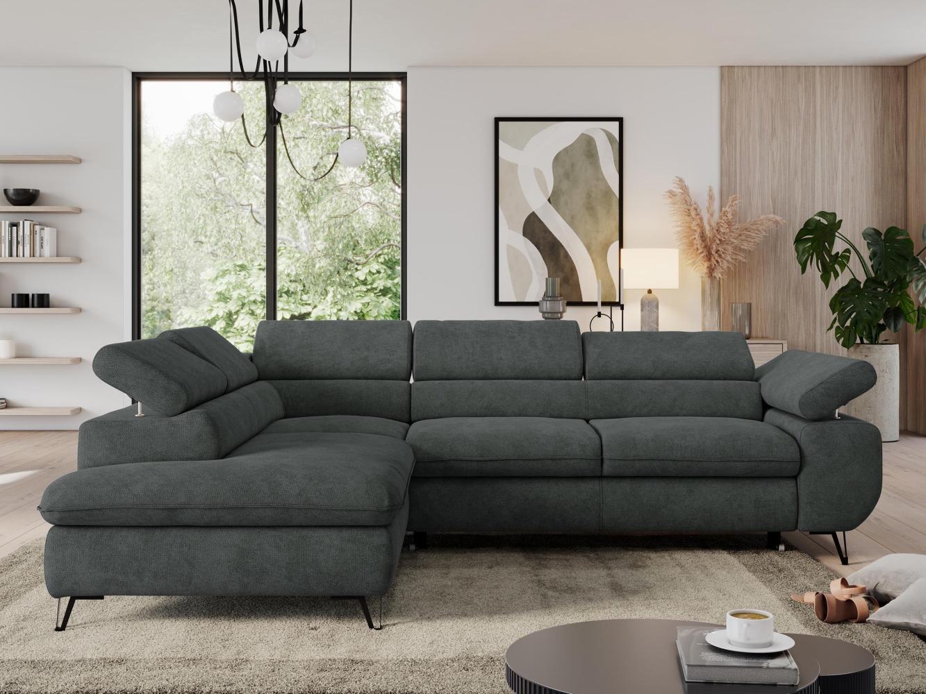 Ecksofa mit Bettfunktion, Modern Sofa, L-form, Einstellbare Kopfstützen, Bettkasten, PEDRO, 1x Ecksofa, 1x Topper, Dunkelgrau, Stoff, links Bild 1