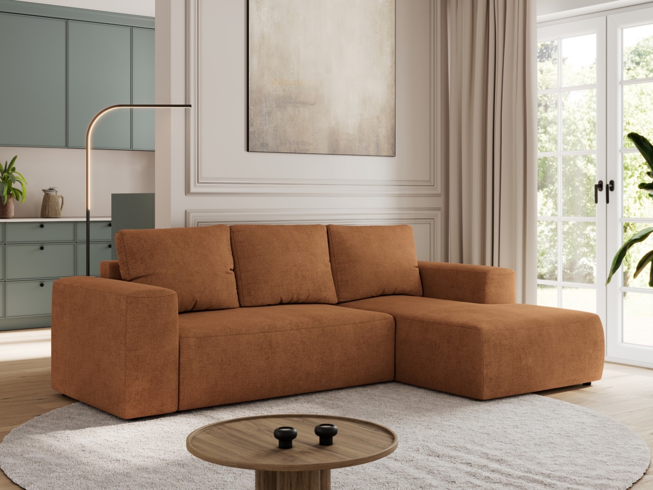 Ecksofa mit Schlaffunktion, Bettkasten und losen Kissen für das Wohnzimmer - TRENTINO - Orange Stoff - rechts Bild 1