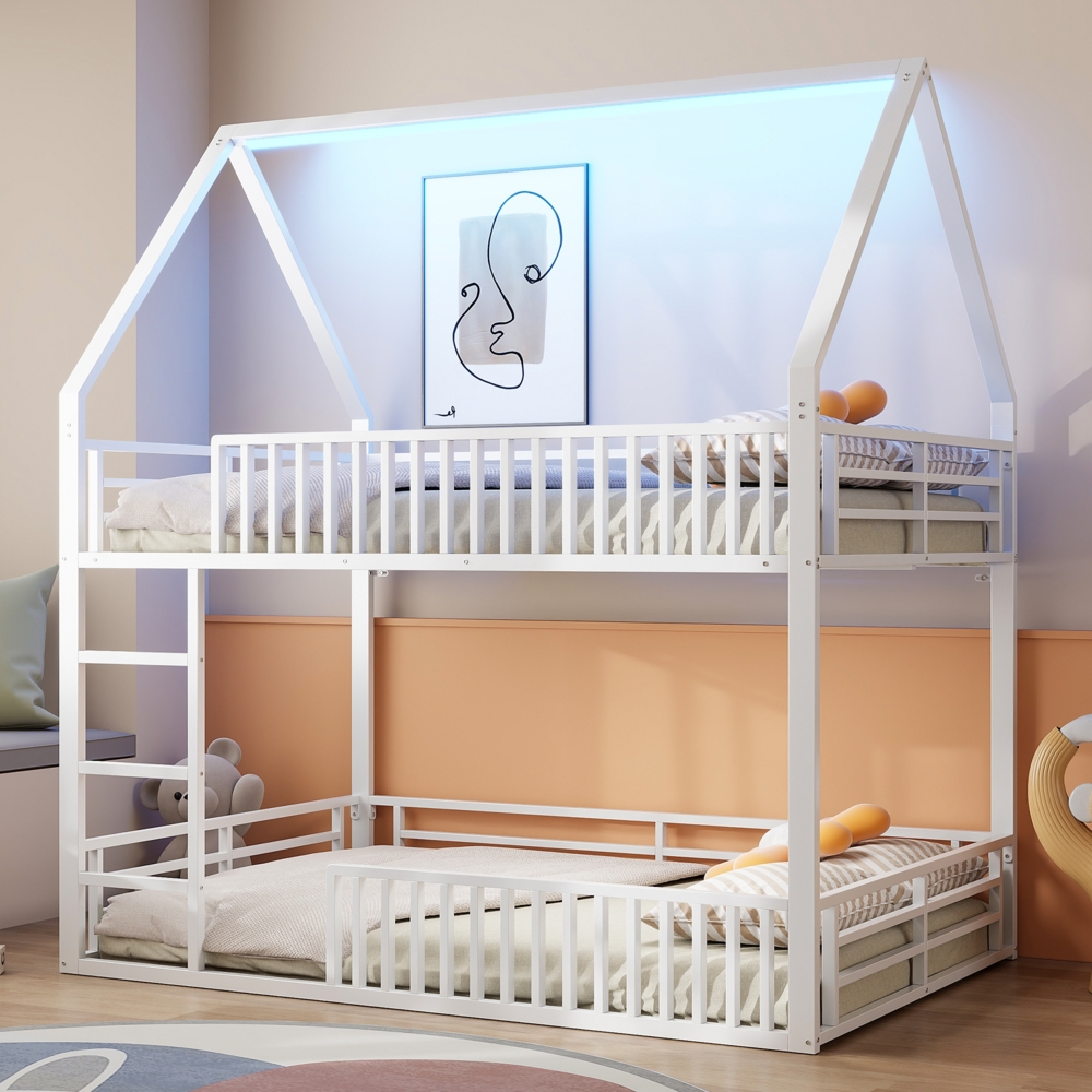 Merax Haus-Etagenbett Hochbett, Kinderbett 140x200cm Hausbett mit Zaun und LED-Licht, Weiß Bild 1