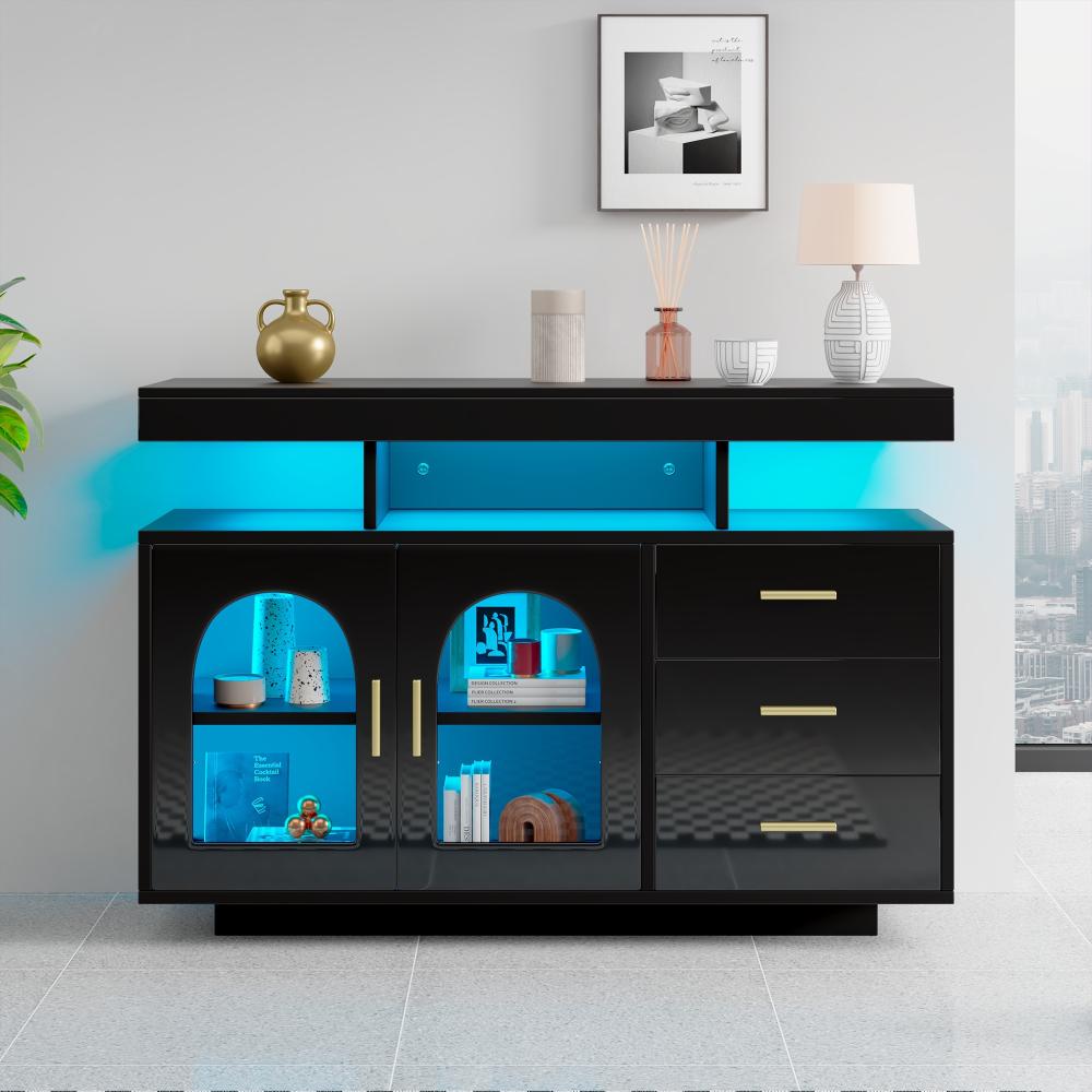 Merax LED-Sideboard-Buffetschrank, 120 cm großer Kaffeebarschrank, Schubladenschrank, Hochglanz-Küchenschrank mit 16-Farben-Lichtern, Schwarz Bild 1