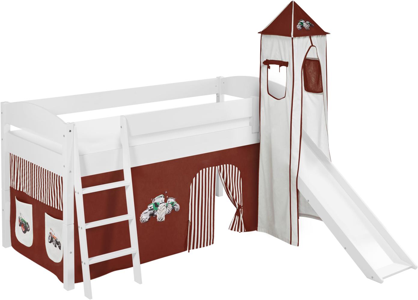 Lilokids 'Ida 4105' Spielbett 90 x 200 cm, Trecker Braun Beige, Kiefer massiv, mit Turm, Rutsche und Vorhang Bild 1