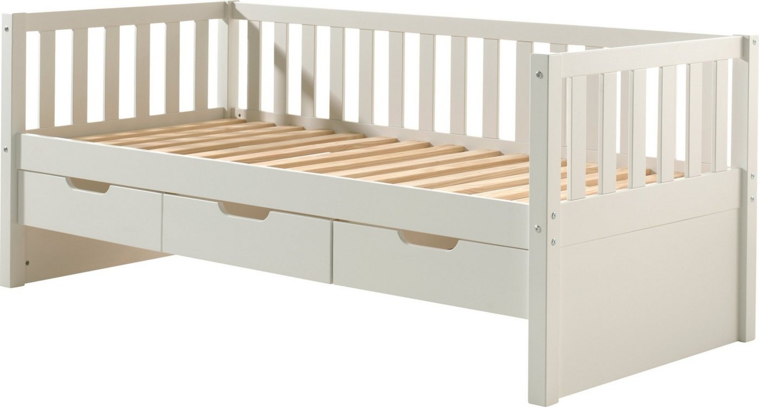 Kojen Bett Fritz mit Sprossenumrandung, 3 Schubladen u. Rolllattenrost, Liegefläche 90x200, Ausf. Weiß lackiert Bild 1