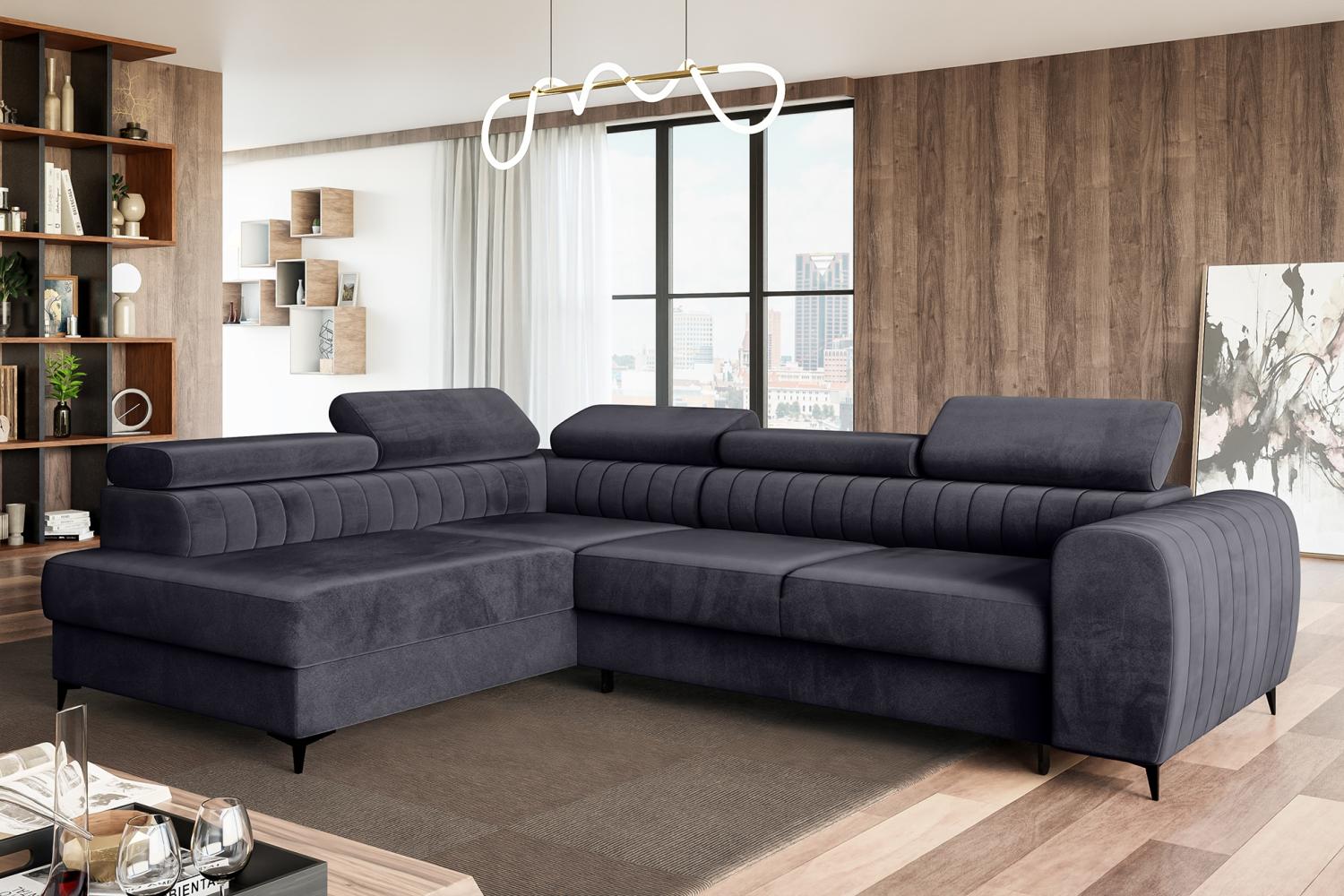 MEBLINI Schlafcouch mit Bettkasten - PORTO - 269x204x72cm Links – Dunkelgrau Samt - Ecksofa mit Schlaffunktion - Sofa mit Relaxfunktion und Kopfstützen - Couch L-Form - Eckcouch - Wohnlandschaft Bild 1