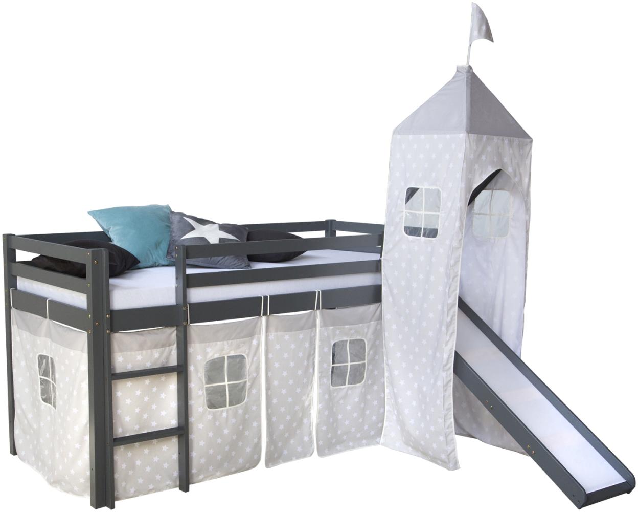 Homestyle4u Spielbett mit Turm und Rutsche, Grau, Kiefernholz grau / grau, 90x200 cm Bild 1