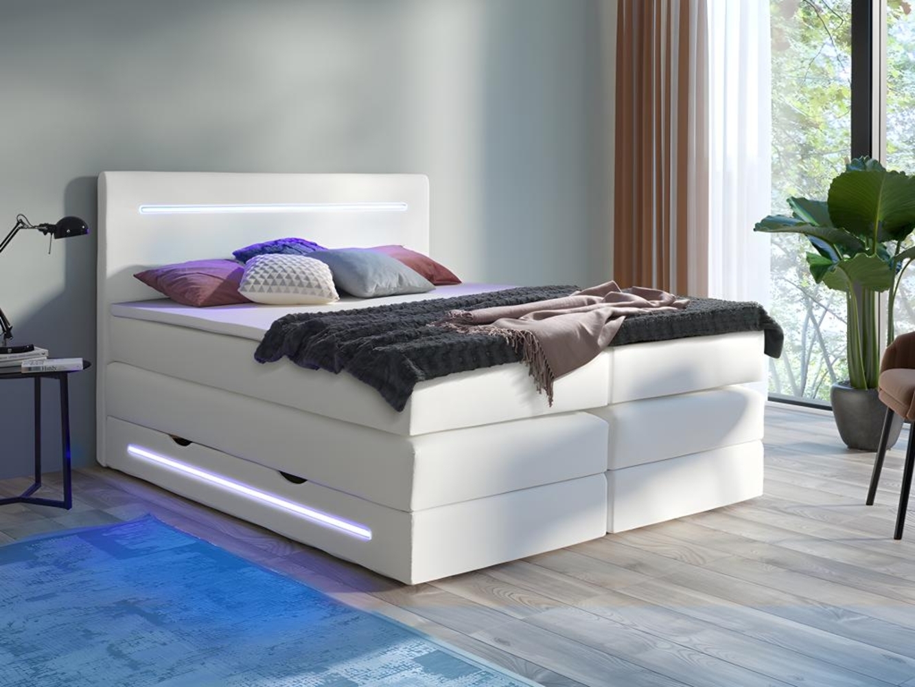 Vente-unique - LED-Boxspringbett mit Kopfteil mit LEDs + Bettkasten + Matratzen + Topper - 160 x 200 cm - Kunstleder - Weiß - KEROS von YSMÉE Bild 1
