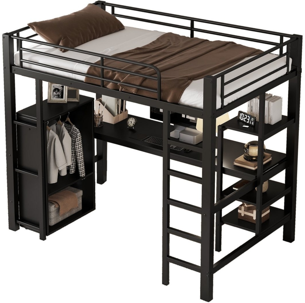 SeedWave Hochbett Merzweck Metall Hochbett mit Kleiderschrank, Schreibtisch, 90x200cm 3 Regale, vertikale Leiter mit 5 Stufen Bild 1