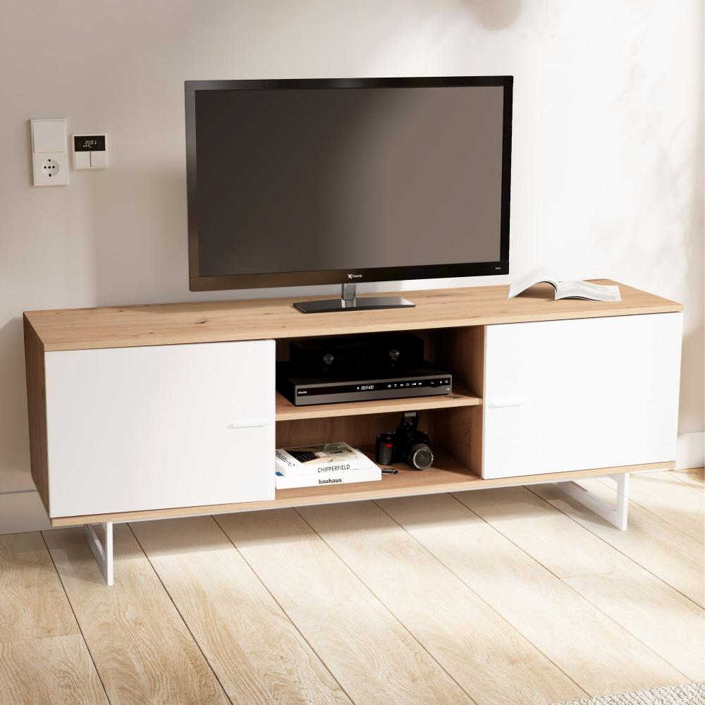 FINEBUY Lowboard FB56087 (Eiche-Dekor Weiß, 150x55x40 cm, zwei Türen), TV-Kommode Hoch, TV-Schrank Modern Fernsehtisch Bild 1