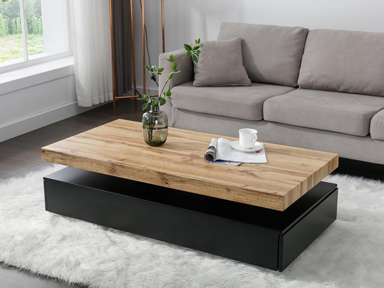 Vente-unique - Couchtisch mit 2 Schubladen - MDF - Schwarz & Holzfarben hell - FELIX Bild 1