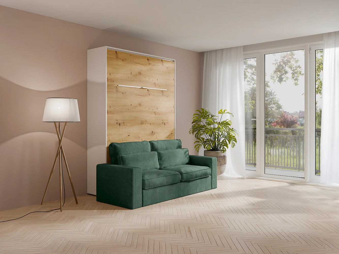 Vente-unique - Schrankbett 140 x 200 cm - Manuelle vertikale Öffnung - Mit LEDs - Weiß und Naturfarben + Matratze + Grünes Sofa - RAPILI Bild 1