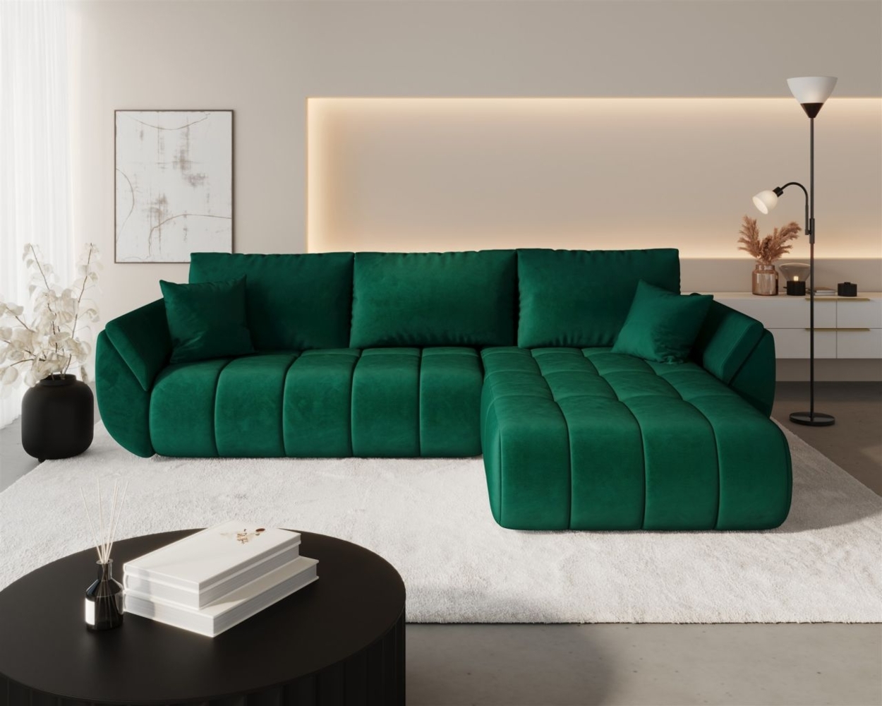 Ecksofa Schlafsofa MISATO Stoff Monolith Grün Ottomane Rechts Bild 1