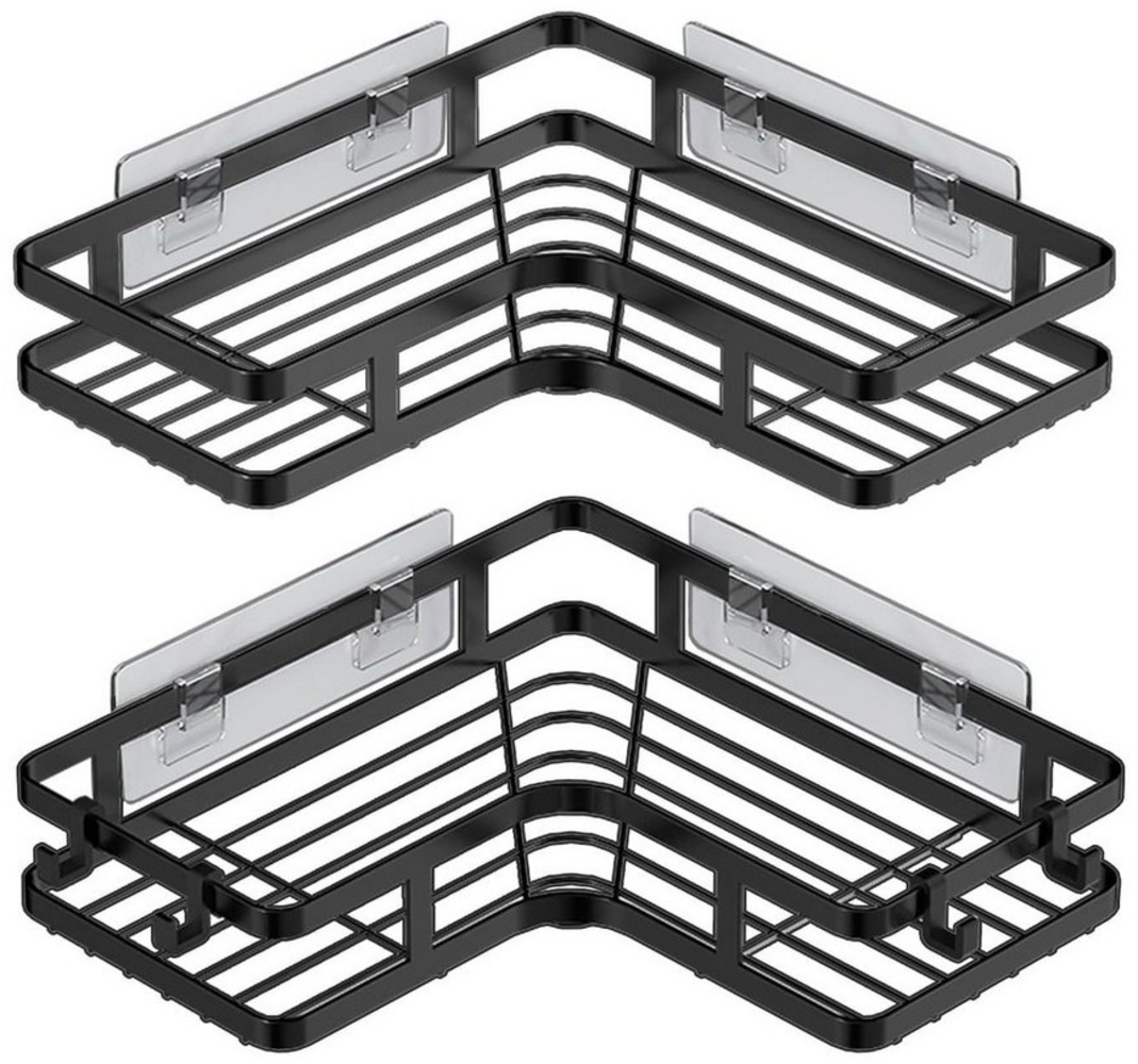 OKWISH Duschablage Duschregal Duschkorb Badregal Badezimmer Regal Ablage ohne Bohren, Schwarz Rostfrei Duschregale mit 4 Haken für Handtüchern oder Badekugeln. 2-tlg, aus Edelstahl Badezimmer Küche Toilette Dusche Organizer Ablage Bild 1