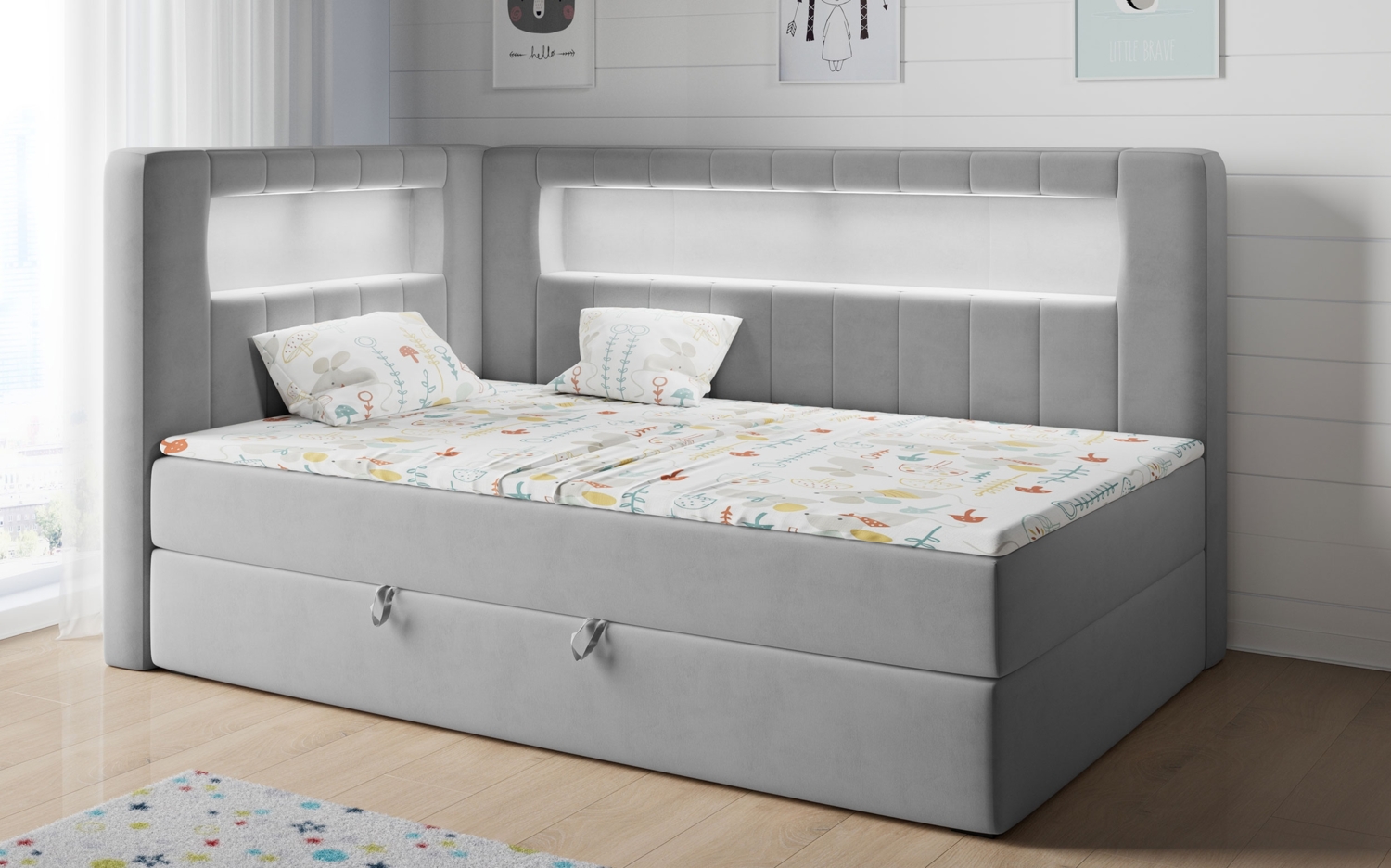 Boxspringbett mit LED, Einzelbett mit Bettkasten und Topper - JUNIOR GOLD 3 - 90x200 cm - Grau - Linke Seite Bild 1