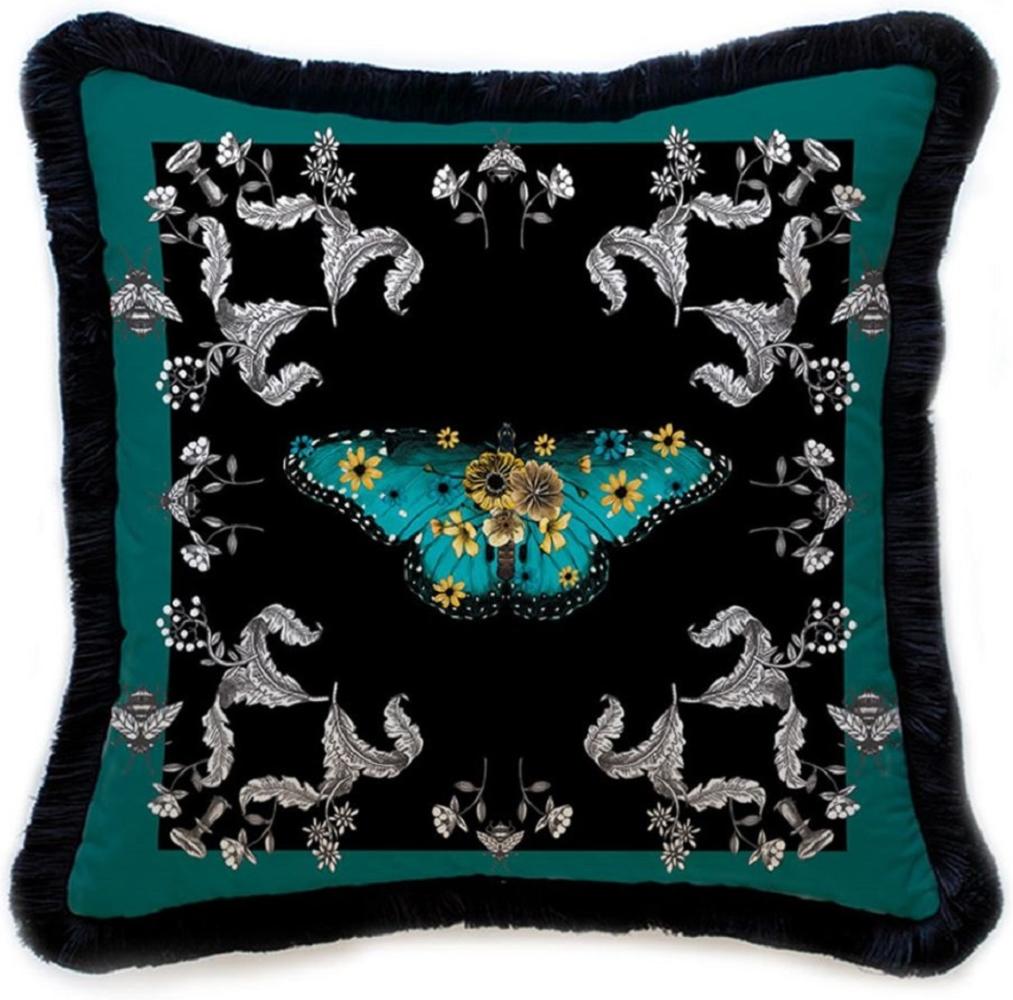 Casa Padrino Luxus Deko Kissen Schmetterling & Blumen Mehrfarbig / Schwarz 45 x 45 cm - Bedrucktes Samt Kissen mit Fransen - Luxus Deko Accessoires Bild 1