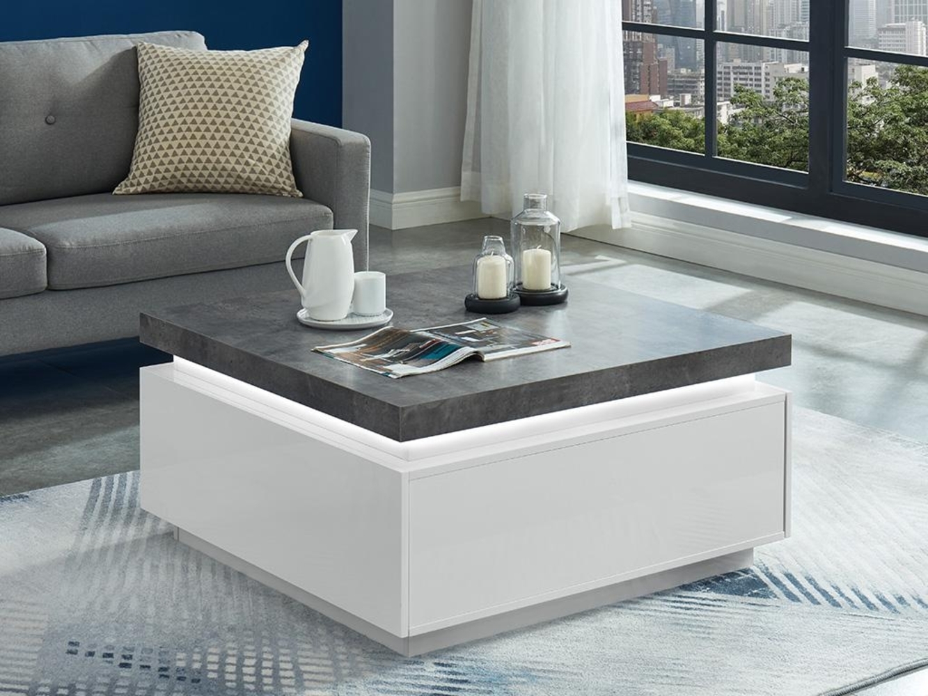 Vente-unique - Couchtisch mit 2 Schubladen & LEDs - MDF lackiert - Weiß & Beton-Optik- HALO II Bild 1