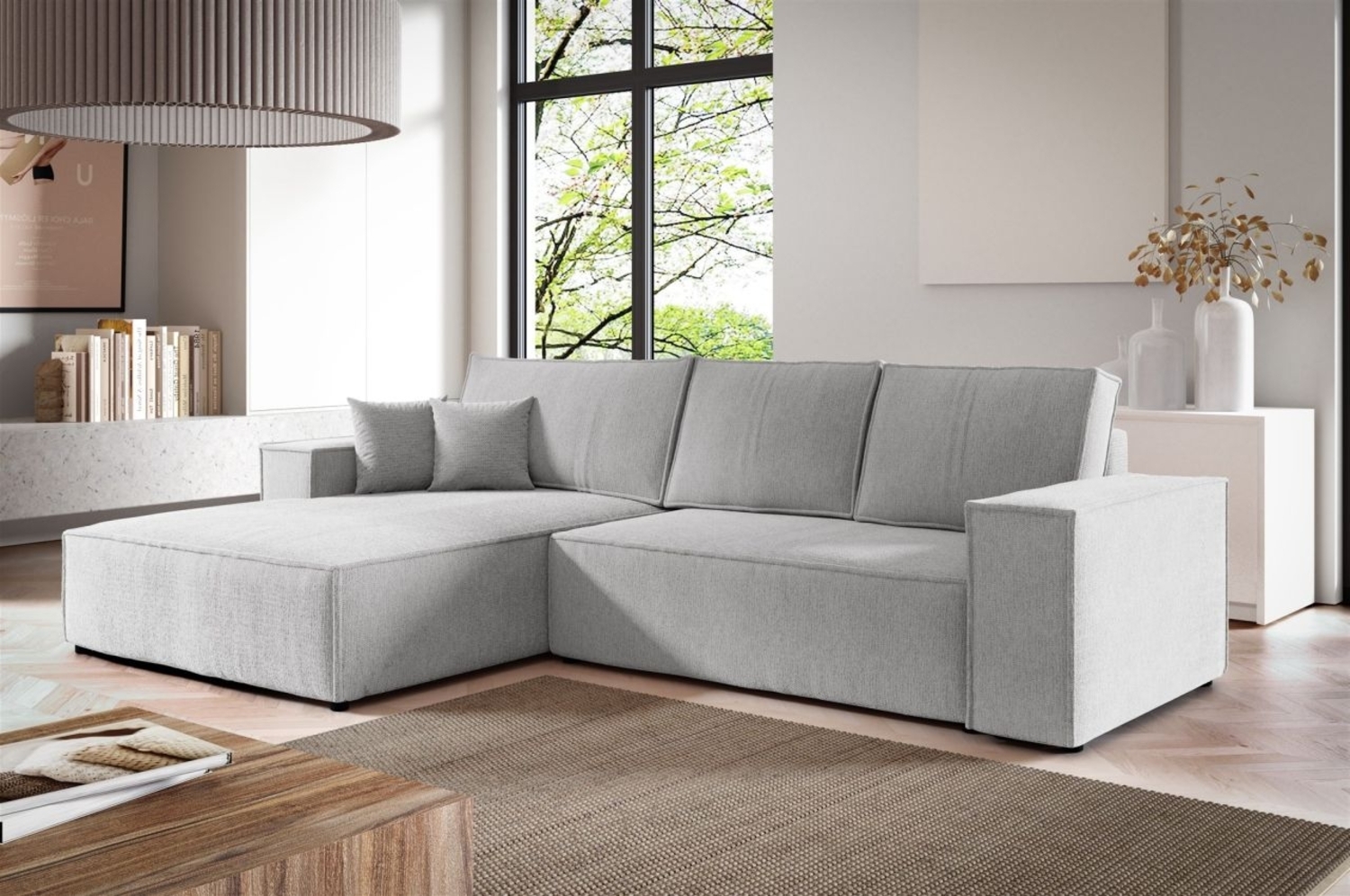 Ecksofa Schlafsofa LEVIO Stoff ARAGON Graubeige Ottomane Links Bild 1