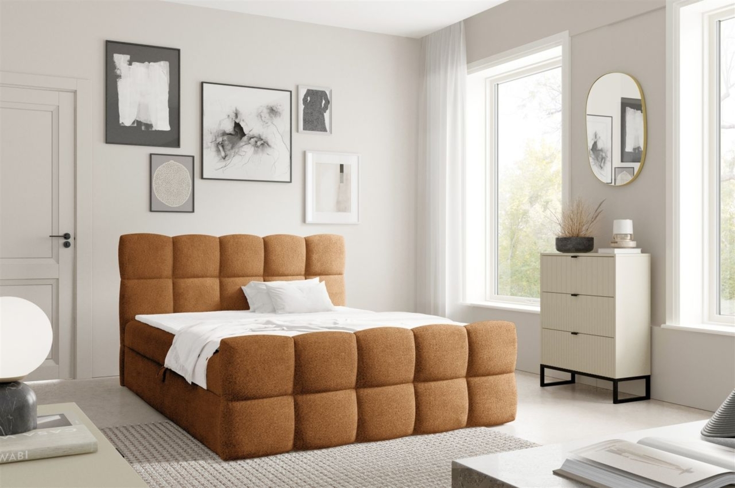Boxspringbett Schlafzimmerbett SATINE PREMIUM 120x200cm Stoff Coral Cognac Bild 1