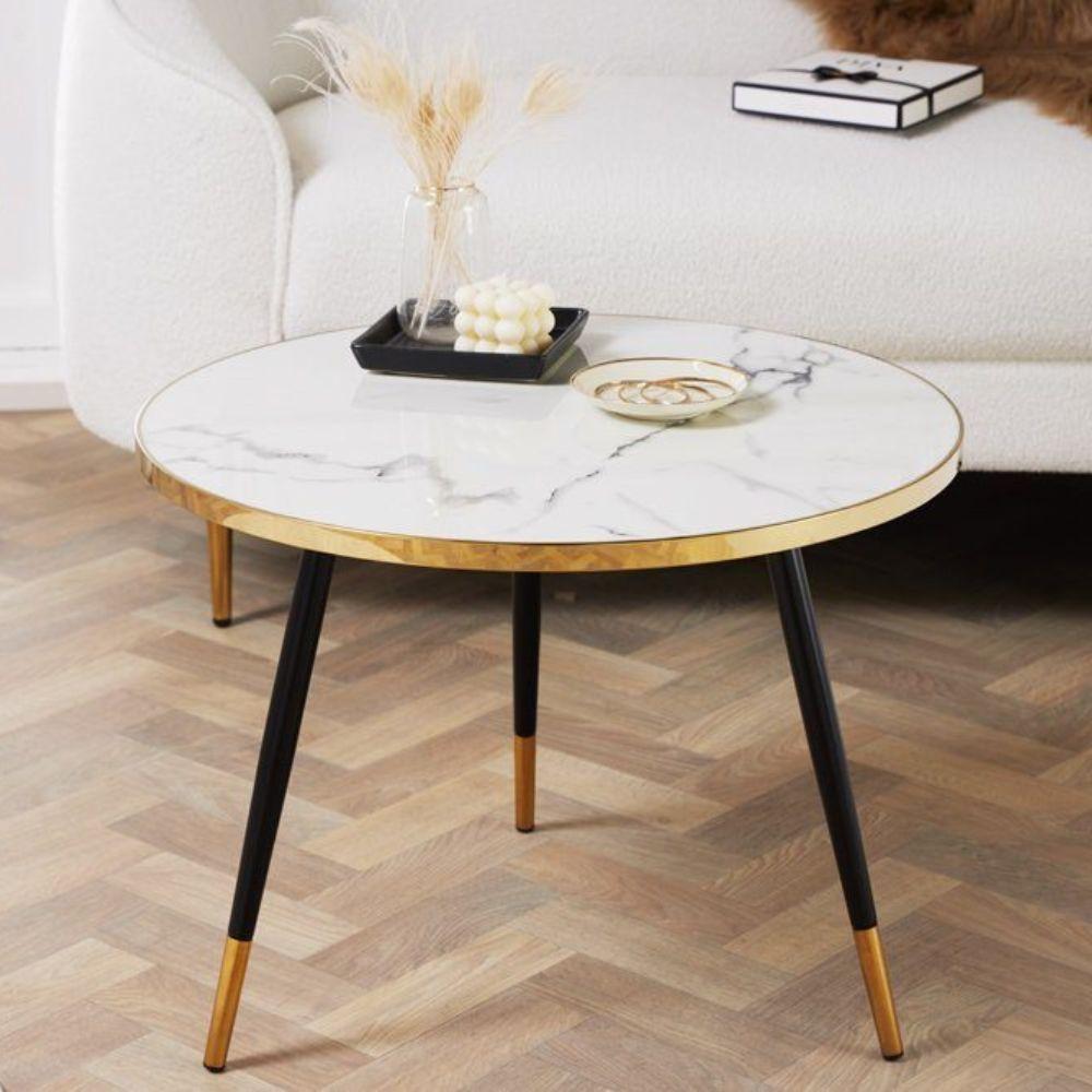Eleganter Couchtisch ROMA 60cm weiss gold Marmor-Dekor Metall-Gestell Retro Bild 1