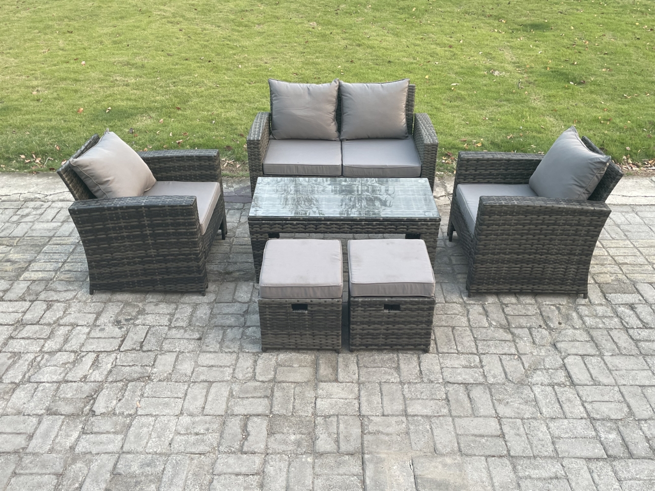 Fimous 6-Sitzer Polyrattan Gartenmöbel Set Garten Sofa Set mit Couchtisch 2 Kleiner Fußhocker Dunkelgrau Gemischt Bild 1
