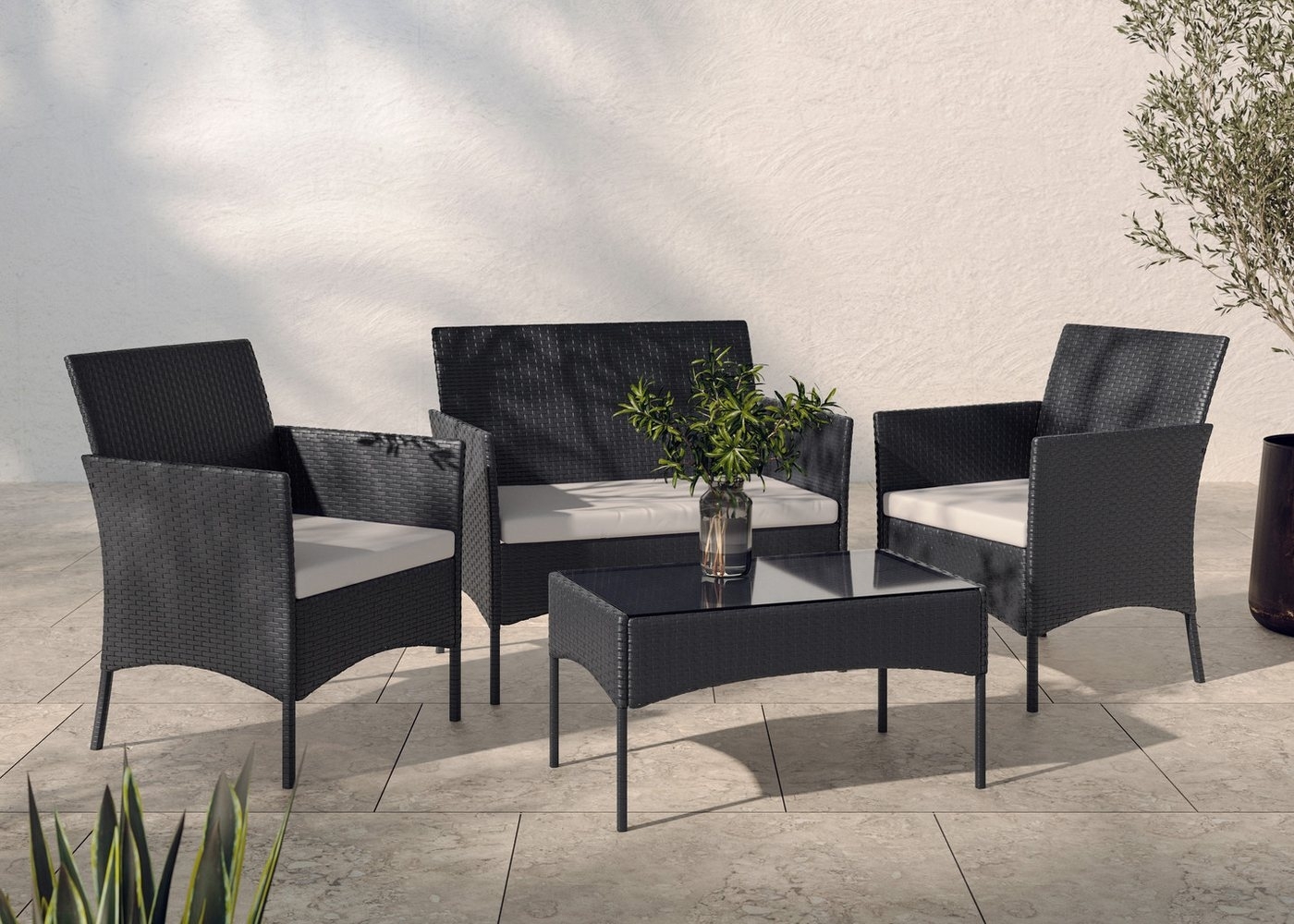 KONIFERA Balkonset »Palma«, (Set, 7-tlg, 1x2er Sofa, 2 Sessel, Tisch 41 x 71 x 39 cm, inkl. Auflagen), Stahl/Polyrattan Bild 1