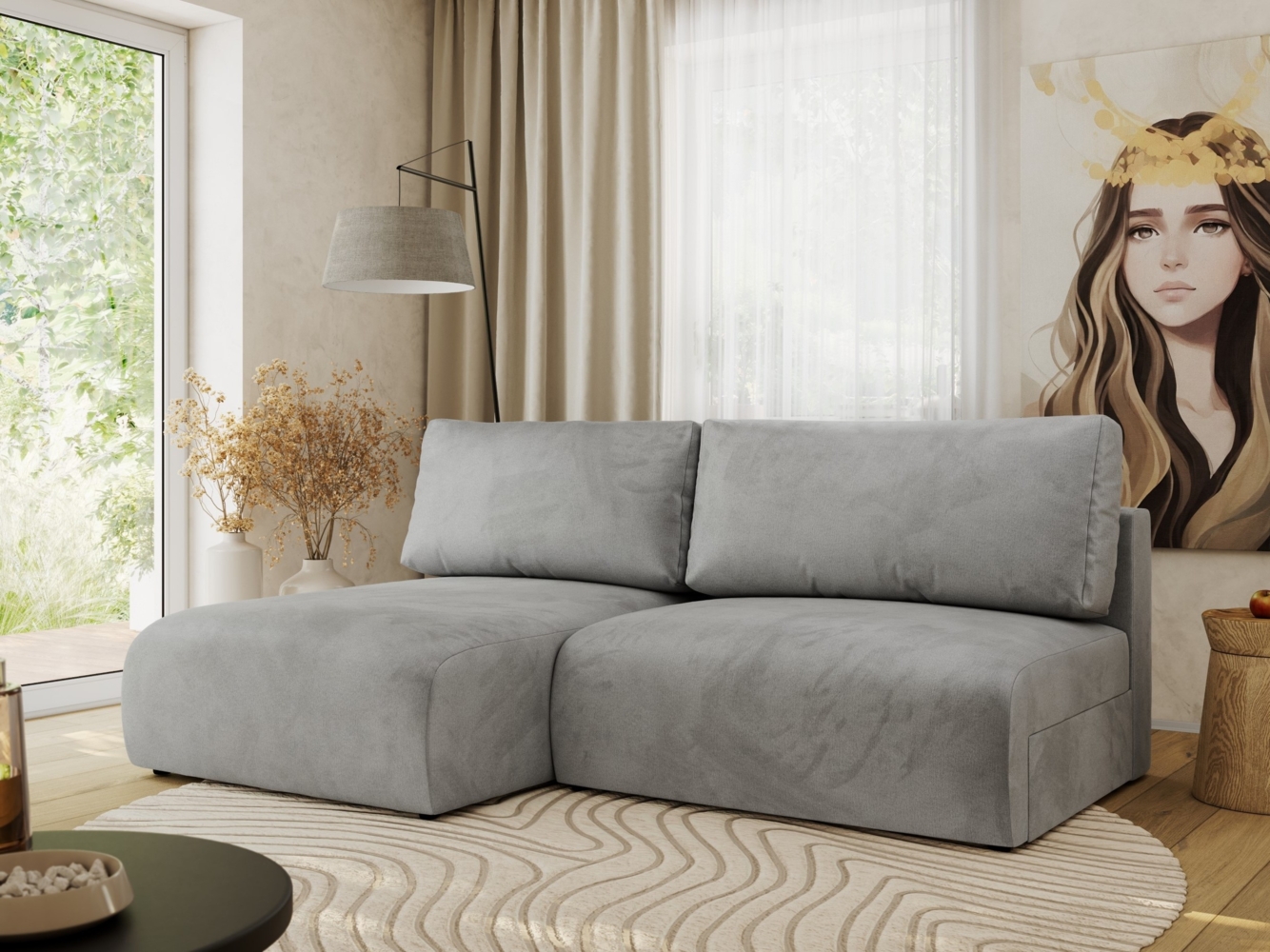 Ecksofa mit Schlaffunktion, lockere Kissen, Wohnzimmerecke mit L-förmigem und Bettkästen, Wellenfeder auf dem Sitz - VIVO - Hellgrau Velours - linke Seite Bild 1