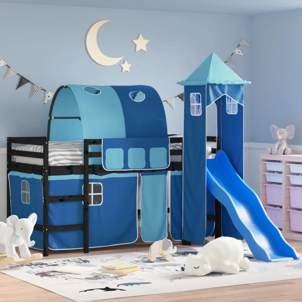 vidaXL Kinderhochbett mit Turm Blau 90x200 cm Massivholz Kiefer 3207106 Bild 1