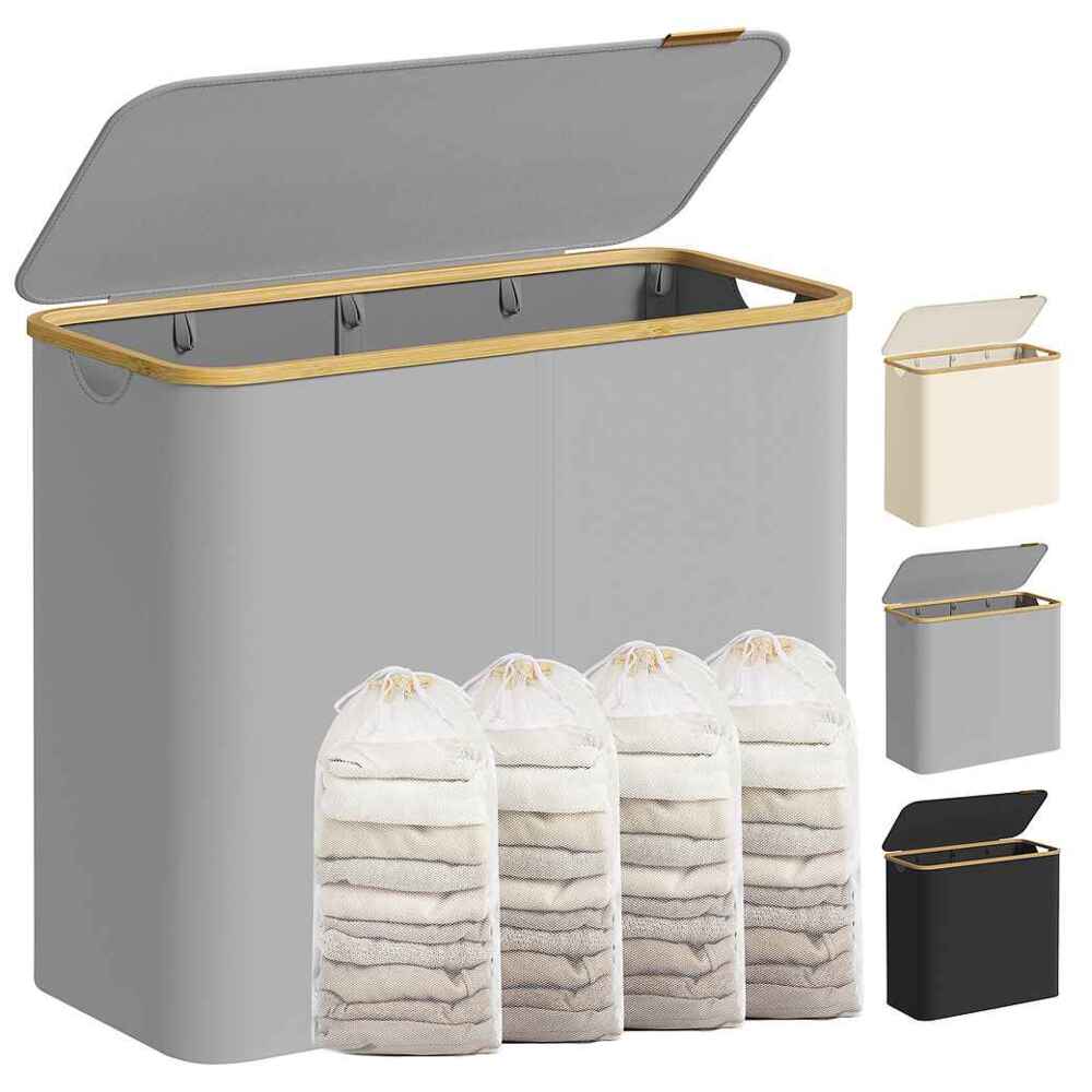 SONGMICS Wäschekorb mit Deckel, Wäschesammler mit 4 Fächern, 200 L, herausnehmbarer Wäschesack, Oxford-Gewebe, Griffe aus Bambus, zusammenklappbar, 78 x 38,5 x 70,5 cm, taubengrau Bild 1