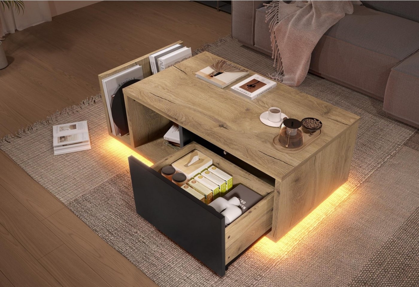 LVHOM Couchtisch Retro Sideboard mit LED & Cleverem Stauraum // Holz-Metall-Design (Stauraum (offenes Fach + Schublade + Trennstege), LED-Steuerung für atmosphärische Akzentbeleuchtung, Robuster Holz-Metall-Rahmen, Beistelltisch, Bar, Sideboard, Roomte... Bild 1