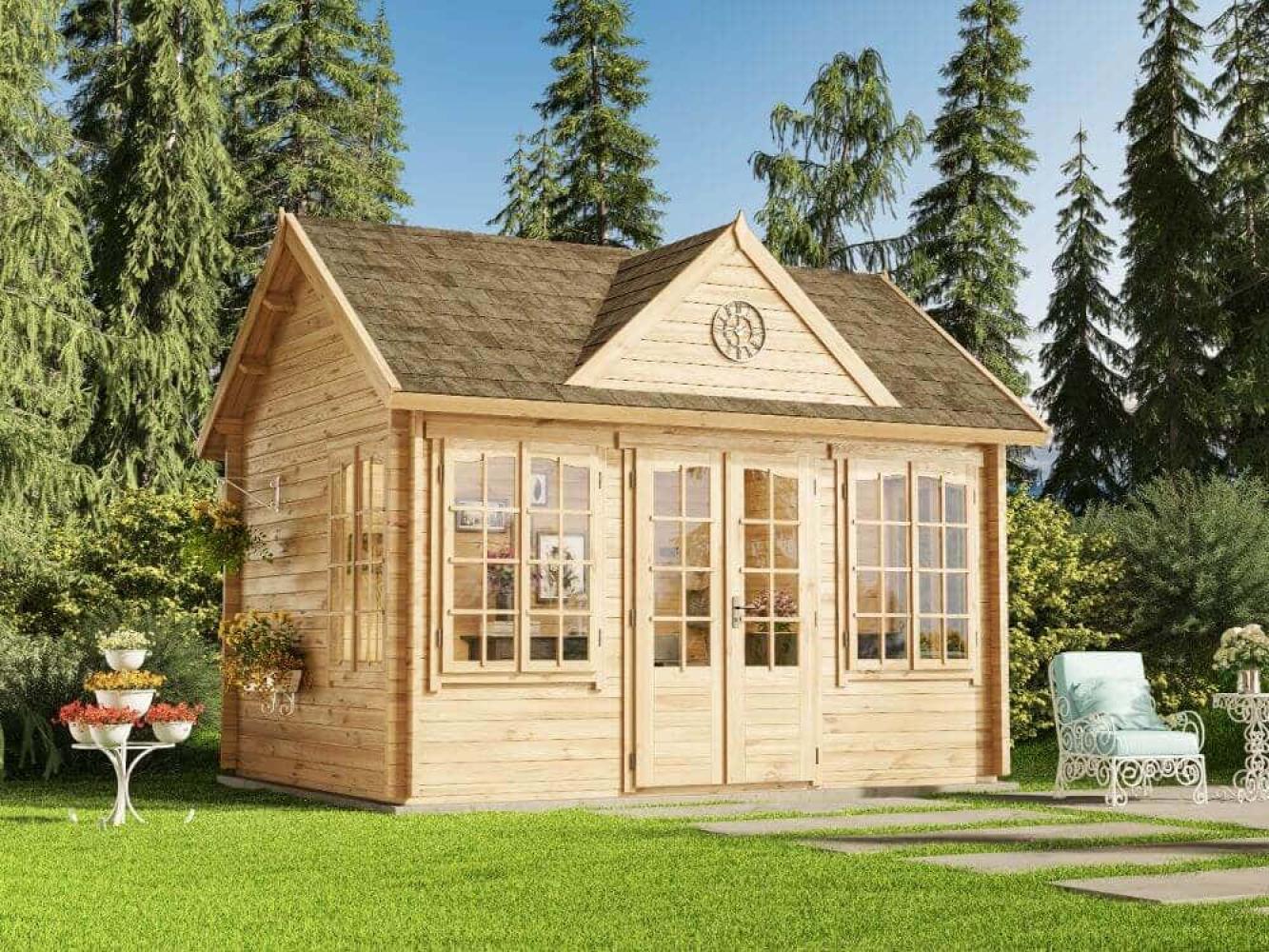 Alpholz Gartenhaus CLOCKHOUSE® 44 Royal ISO Gartenhaus aus Holz Holzhaus mit 44 mm Wandstärke Blockbohlenhaus mit Montagematerial Bild 1