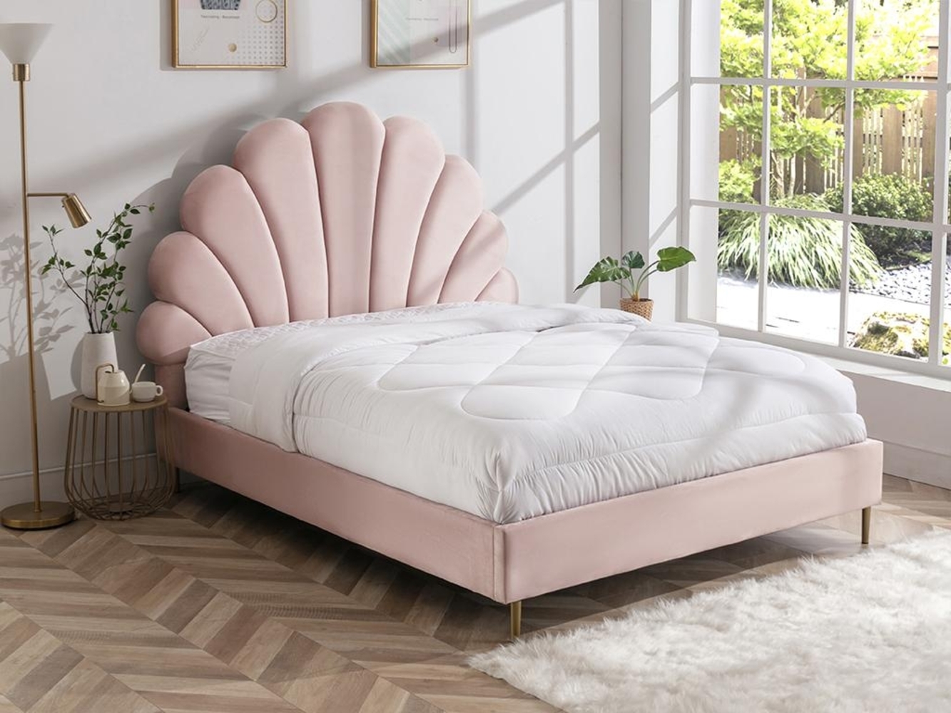 Vente-unique - Bett mit Kopfteil in Muschelform - 160 x 200 cm - Samt- Rosa - LIVAYA Bild 1