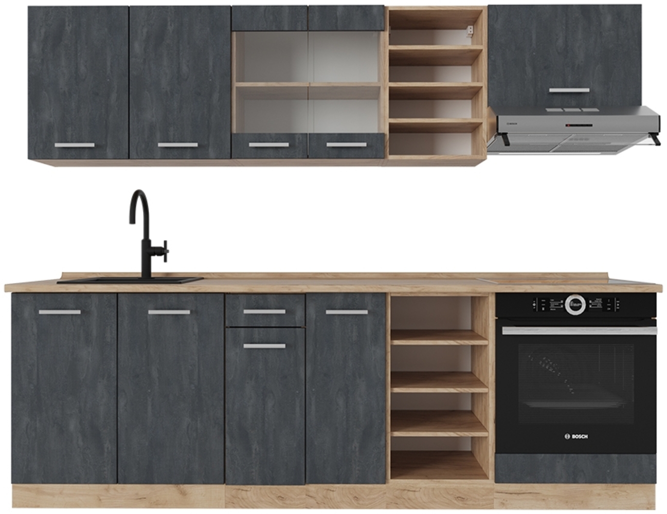 Küchenzeile R-Line Schwarz Beton/Goldkraft Eiche 240 cm AP Eiche Vicco Bild 1