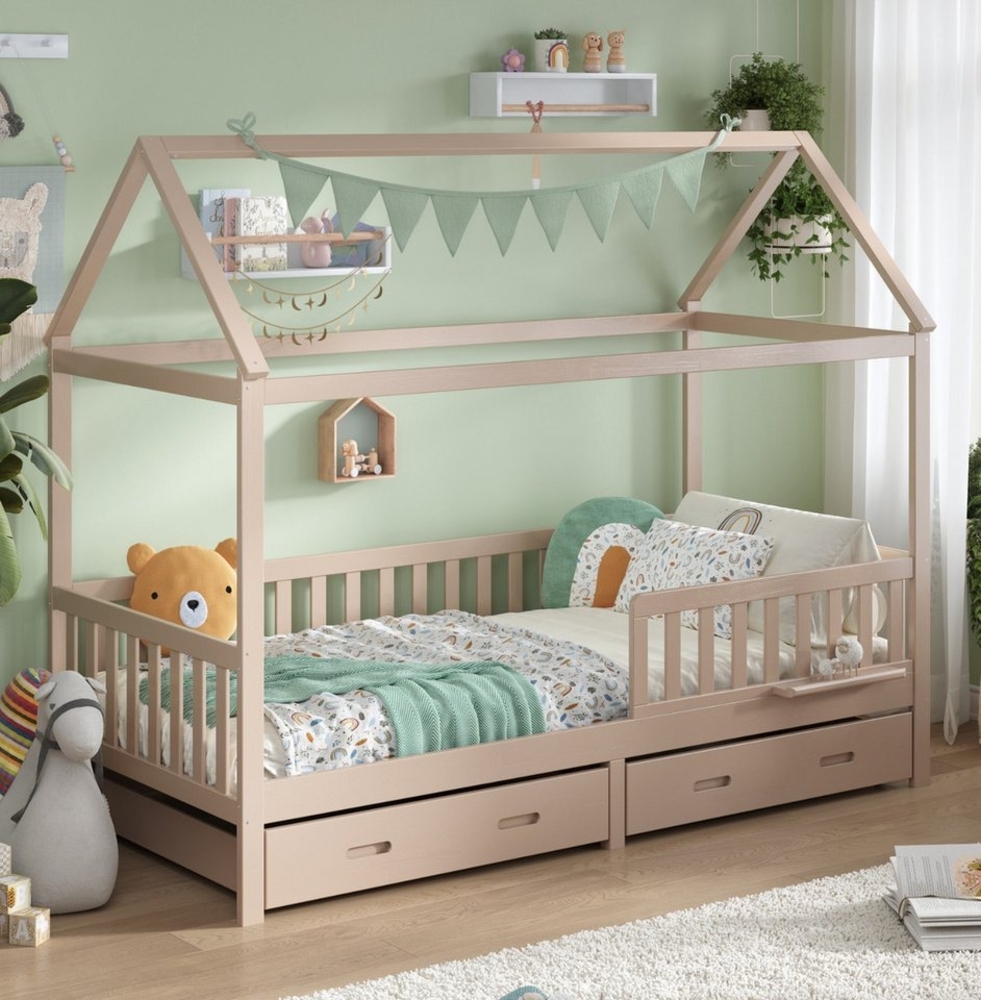 Alavya Home® Hausbett CLOUD aus 100% FSC®-zertifiziertem Buchenholz – Bestseller & beliebt! (SET Kinderbett 80x160, inklusive Schubladen Buchablage Rausfallschutz und Lattenrost), Hausbett 80x160cm für Mädchen und Jungen aus Massiv Buchenholz Bild 1