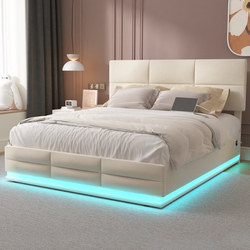 Fine Life Pro Bett Weicher, hautfreundlicher Samtstoff-Bett mit Hydrauliksystem, (ohne Matratze, großzügigem Stauraumbett, integrierten LED-Leuchten und USB-Ladegerät), ideal für Schlafzimmer und Wohnung Bild 1