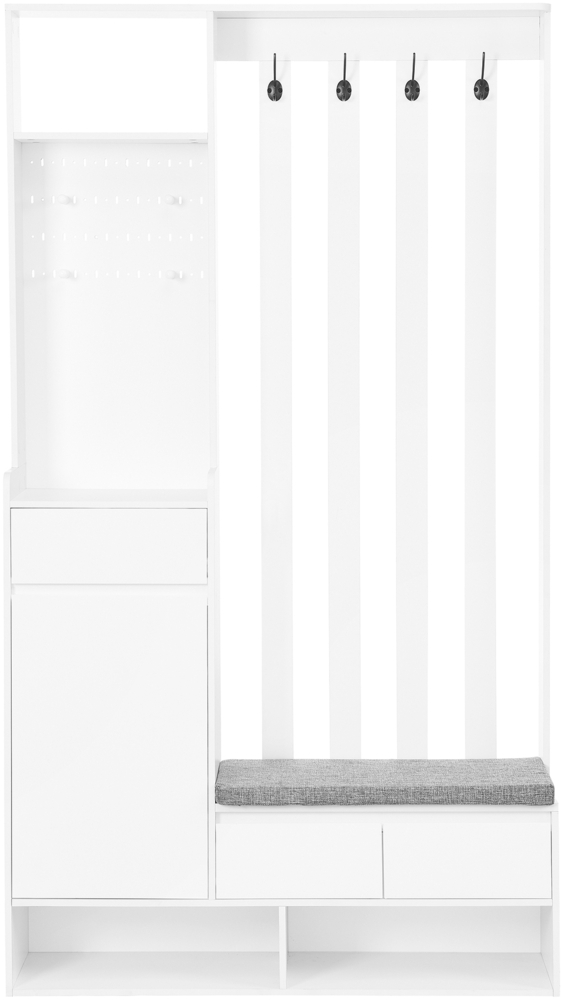 Merax 180cm Flurgarderobe, mit gepolsterter Aufbewahrungsbank, multifunktionaler Flur-Schuhschrank mit Stecktafel, moderne Garderobe mit 4 Haken, Weiß Bild 1