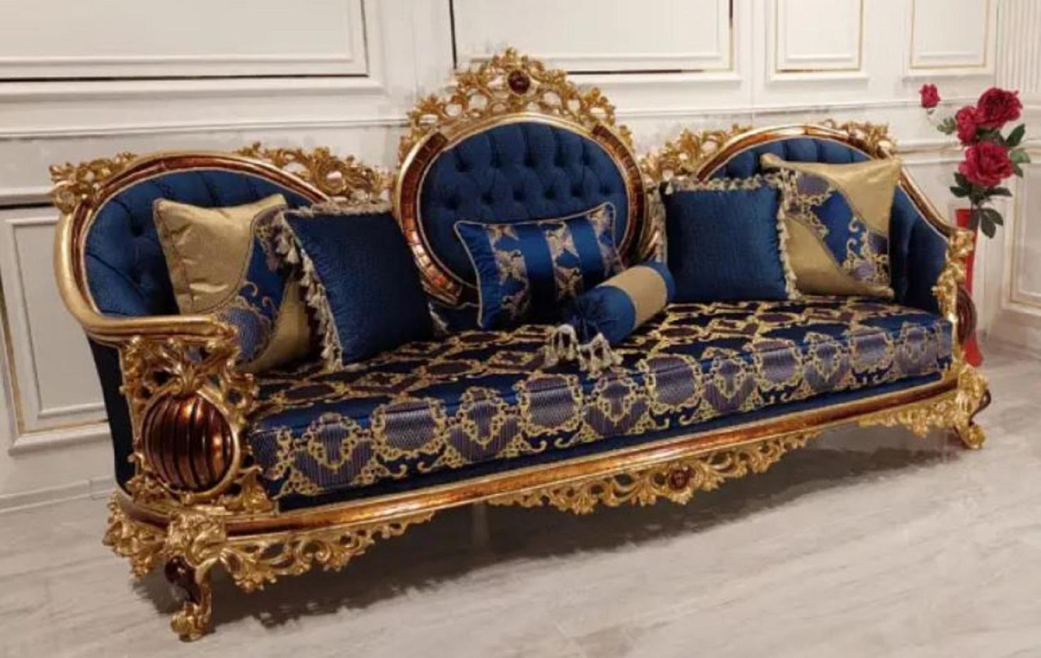 Casa Padrino Luxus Barock Sofa Blau / Gold / Braun - Prunkvolles Wohnzimmer Sofa mit elegantem Muster - Barock Wohnzimmer Möbel Bild 1