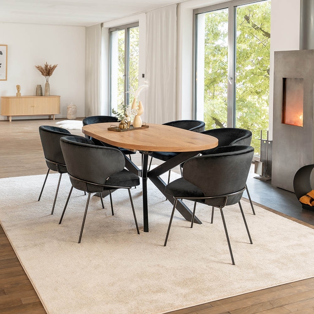 HOME DELUXE Essgruppe Oval Ausziehbar inkl. Sternfuß - 160 x 100 cm Light Oak 6 Stühle Schwarz Bild 1