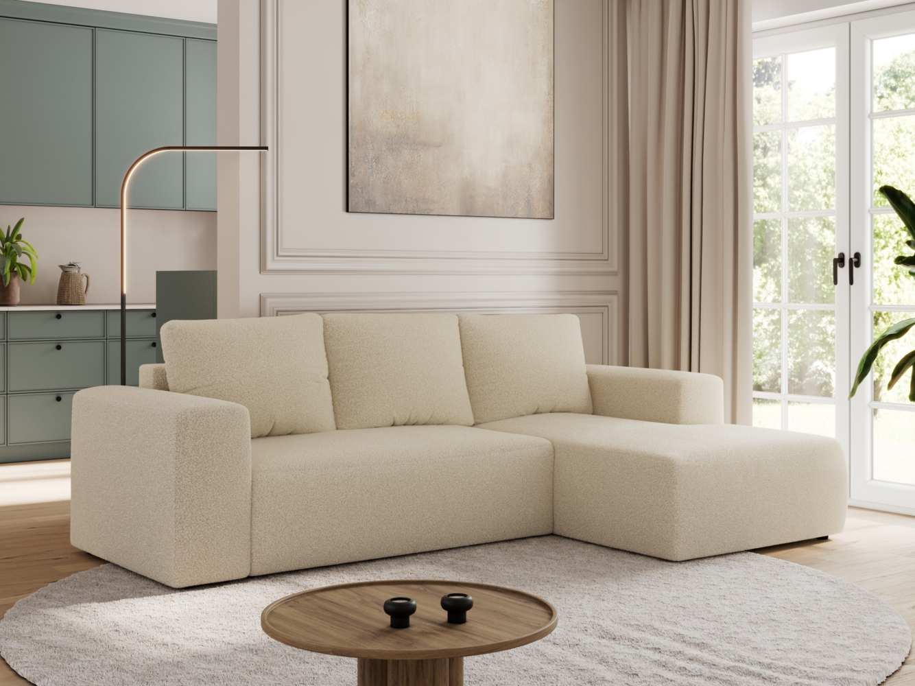 Ecksofa mit Schlaffunktion, Bettkasten und losen Kissen für das Wohnzimmer - TRENTINO - Beige Boucle - rechts Bild 1