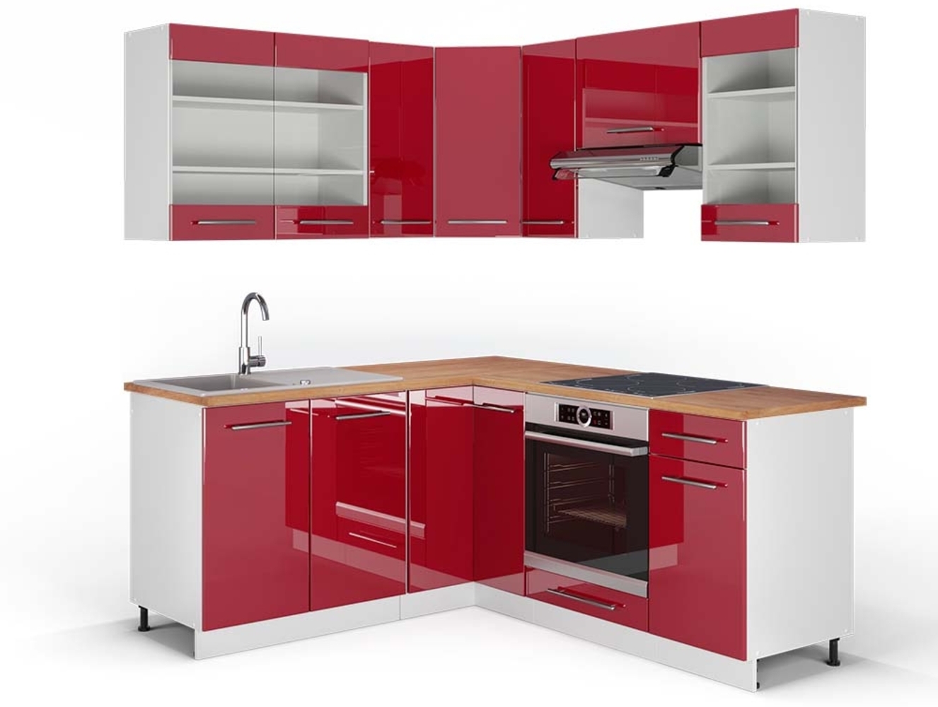 Eckküche Fame-Line Bordeaux Hochglanz/Weiß 190 x 60 cm , AP Eiche Vicco Bild 1