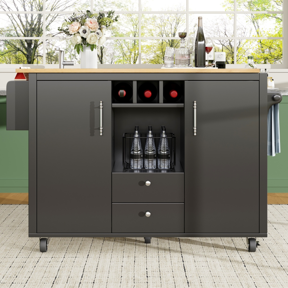 Kücheninsel mit Stauraum und klappbarer Arbeitsplatte, Küchenwagen mit Schubladen, Doppeltüren, Weinregal sowie Handtuch- & Gewürzhaltern Bild 1