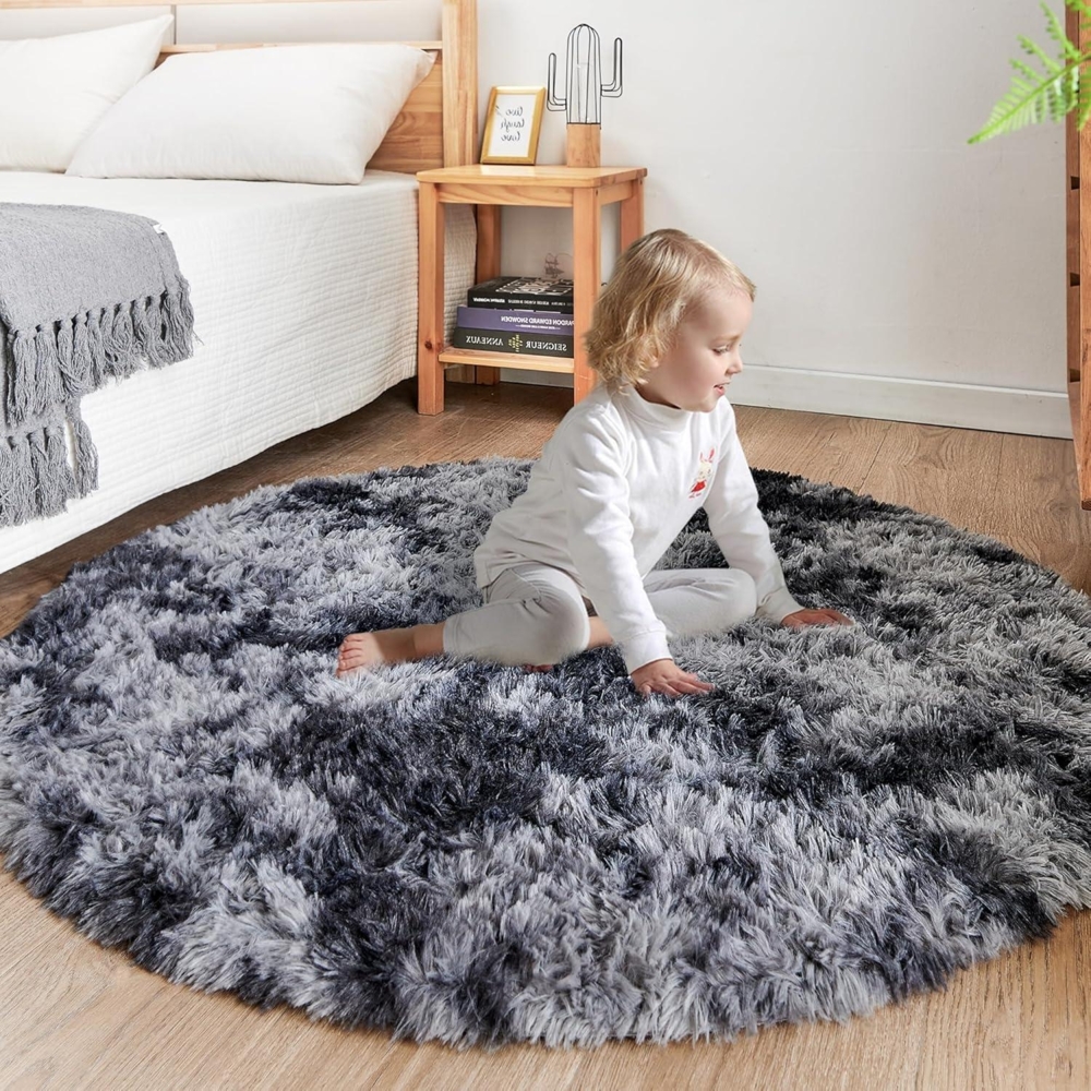 ROHATIM Plüsch Teppich Rund 120 cm Dunkelgrau für Wohnzimmer Kinderzimmer Bild 1