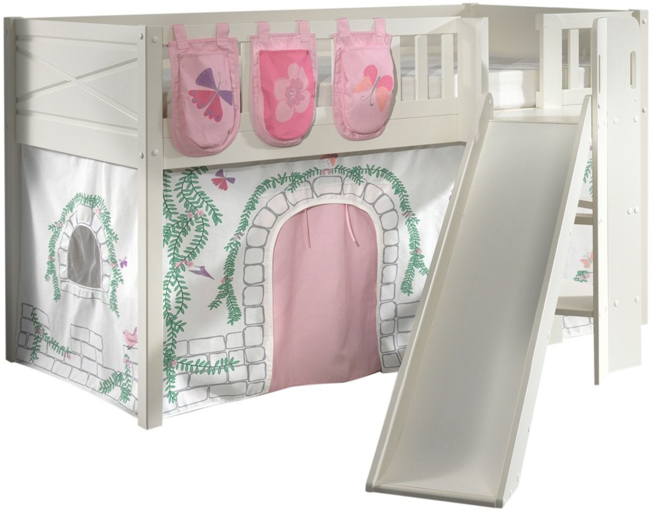 Kinderbett mit Rutsche Karyl Massivholz Weiß Textilset Birdy 3 Bild 1