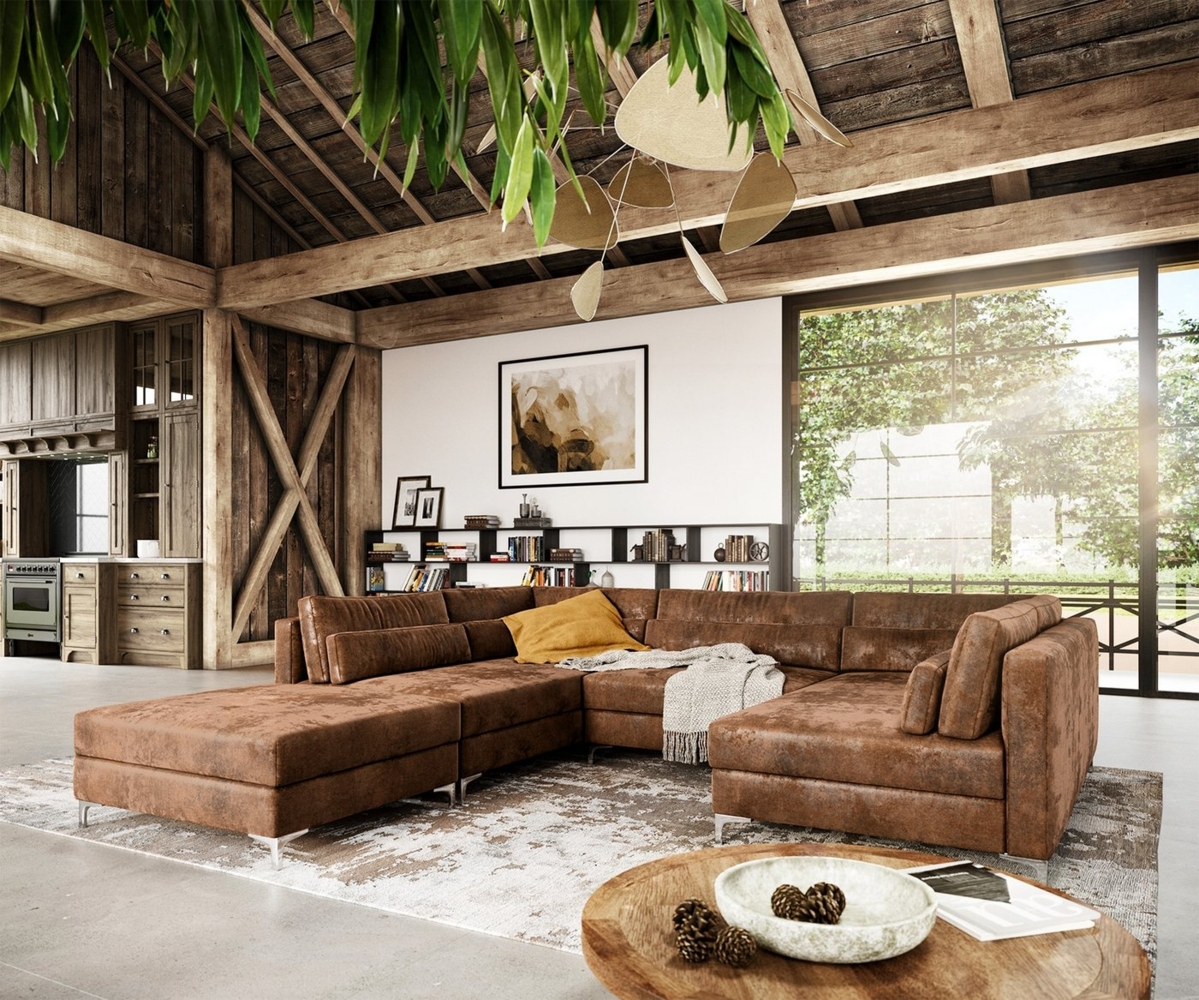 DELIFE Wohnlandschaft Elio, Lederimitat Vintage Braun Antik 300x185 cm mit Hocker Wohnlandschaft Bild 1