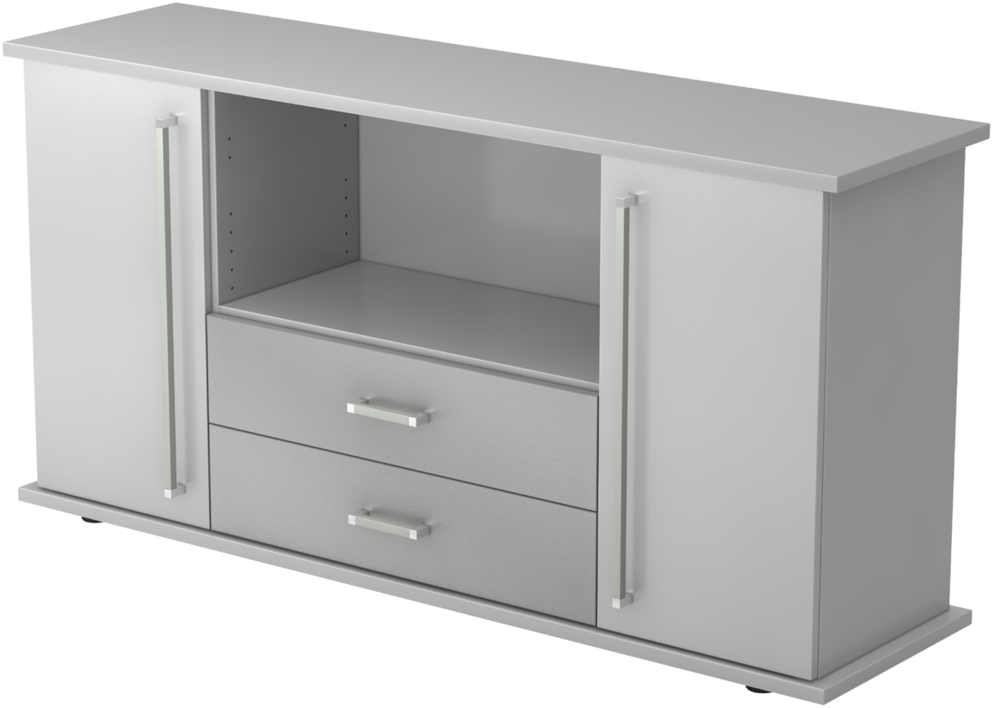 bümö Sideboard grau mit Flügeltüren & Regal - Büromöbel Sideboard mit Schubladen Holz 166cm breit, 45cm schmal, Büro Schrank für Flur oder als Wohnzimmer-Kommode mit Chromgriff, SBTS-5-5-CE Bild 1