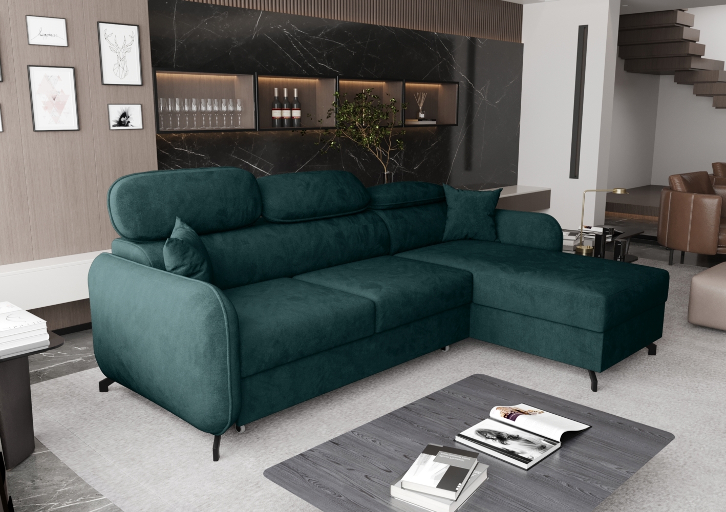 AX LIVING Ecksofa mit Schlaffunktion Ribella 5 L-Form 265 cm, Samt in Türkis Rechts Bild 1