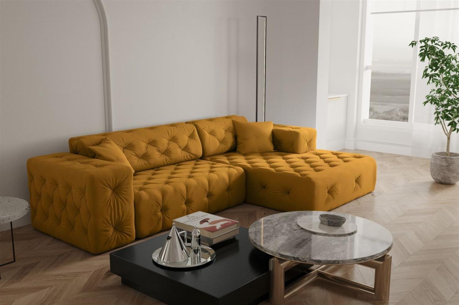 Ecksofa Designersofa CHANTAL in Stoff Opera Velvet Gelbgold Ottomane Rechts Bild 1