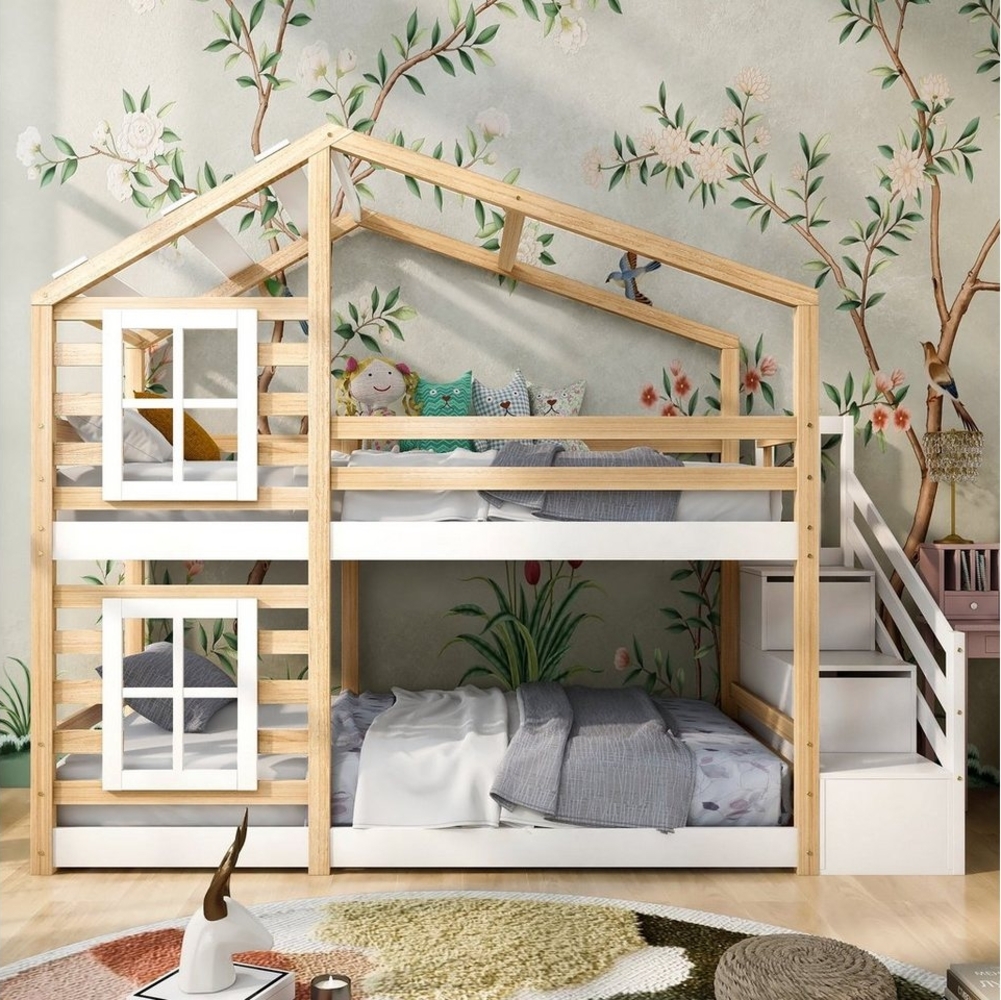 Ulife Etagenbett Hochbett Hausbett Treppe mit 2 Schubladen, Kinderbett mit Speicherung und Rausfallschutz,90 x 200 cm Bild 1