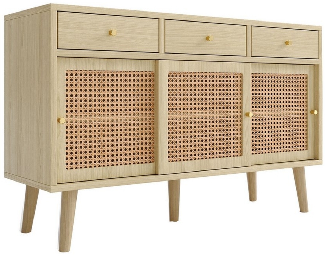 Rutaqian Sideboard Sideboard, Kommode mit 3 Schubladen und 3 Schiebetüren,120x 40x78cm (Rattangeflecht auf den Türfronten, Beine aus massivem Holz), Golden Metall Bügelgriff,verstellbare Ablagen Bild 1