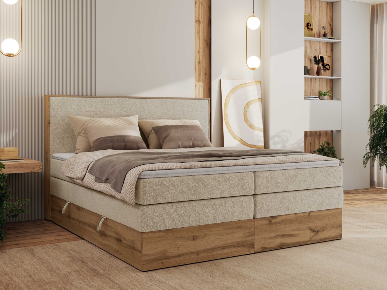 Boxspringbett, Set mit zwei Multipocket-Matratze und Topper, hohe Kopfteil, Eiche Wotan Holzrahmen - WOOD CLASSIC KING - 140 x 200 cm - Creme Struktur - H3 Bild 1